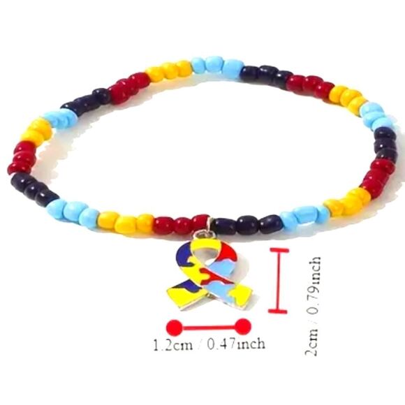 Colorful Beaded autism awareness Bracelet with Puzzle Charm for adults and kids - Picture 4 of 4